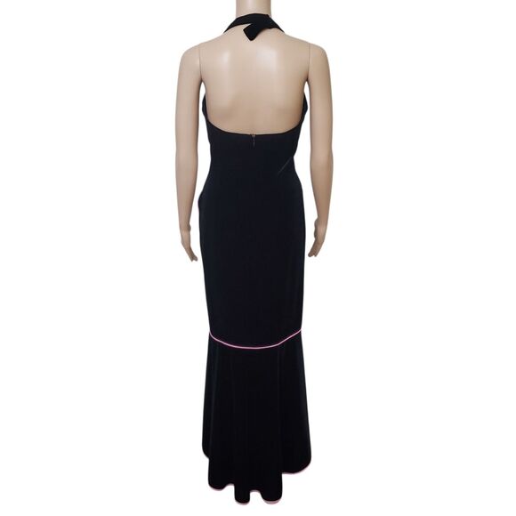 Vtg Betsy & Adam Halter Dress 6 Black Velvet Ruffle Maxi Pink Trim Whimsigoth - Picture 3 of 12